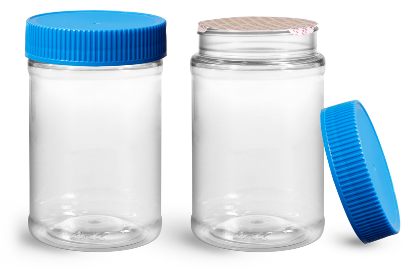 PET Plastic Jars, Clear Food Jars w/ Blue Ribbed Induction Lined Caps