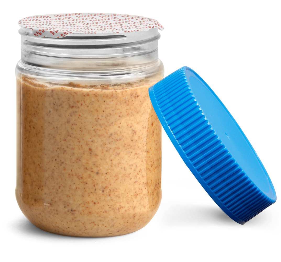 SKS Bottle & Packaging 12 oz Plastic Jars, Clear PET Peanut Butter Jars w/ Blue Ribbed