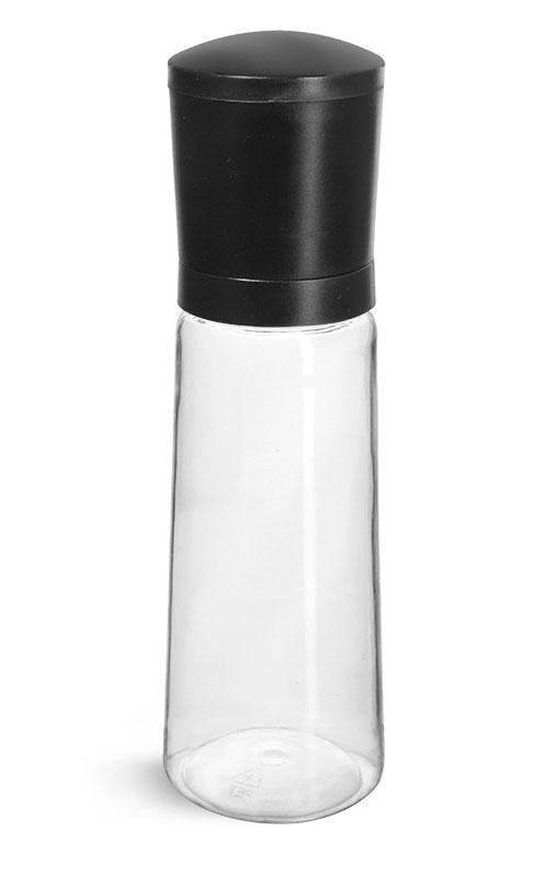 PET Plastic Bottles, Clear Spice Bottles w/ Black ABS Grinder Caps