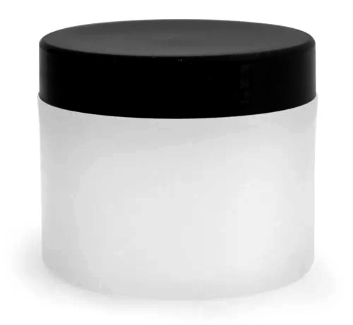 2 oz Frosted Natural Thick Wall Polypro Jars w/ Black Smooth Plastic Cap