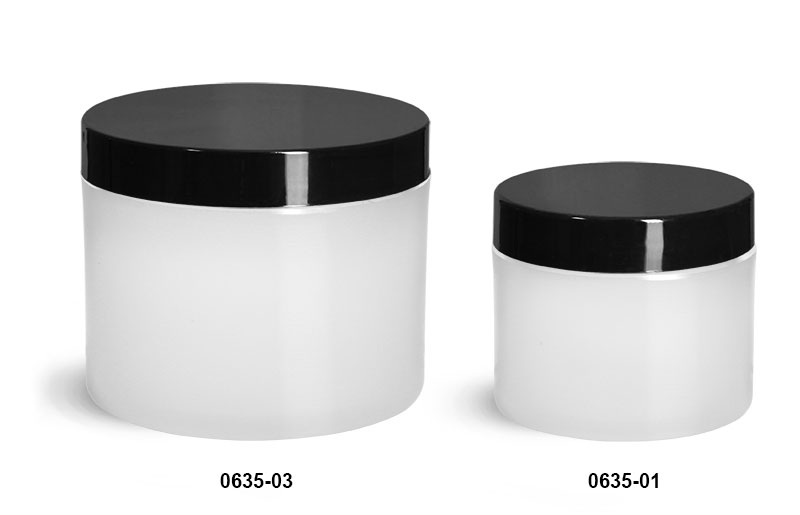 Plastic Jars, Frosted Natural Thick Wall Polypropylene Jars w/ Black Smooth Plastic Cap