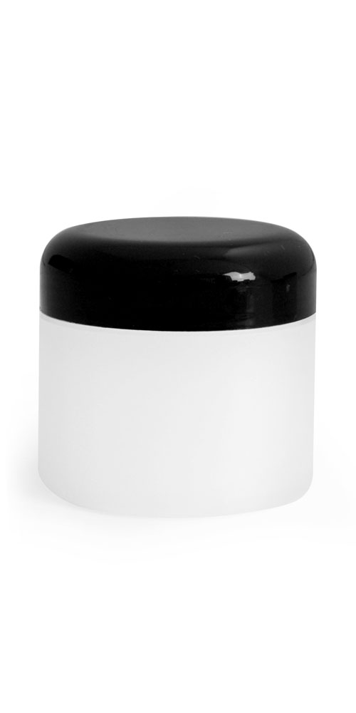 2 oz Plastic Jars, Frosted Natural Thick Wall Polypropylene Jars w/ Black Dome Cap