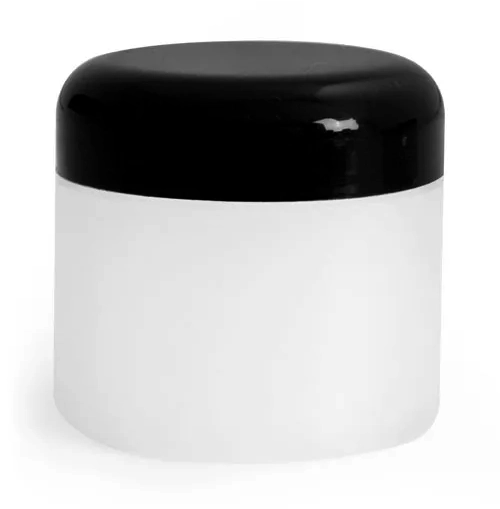 2 oz Plastic Jars, Frosted Natural Thick Wall Polypropylene Jars w/ Black Dome Cap