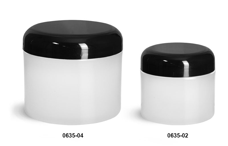 Plastic Jars, Frosted Natural Thick Wall Polypropylene Jars w/ Black Dome Cap