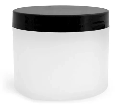 4 oz Frosted Natural Thick Wall Polypro Jars w/ Black Smooth Plastic Cap