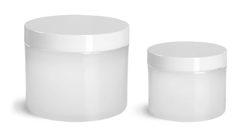 Polypropylene Plastic Jars, Frosted Thick Wall Jars w/ White Smooth Plastic Lined Caps