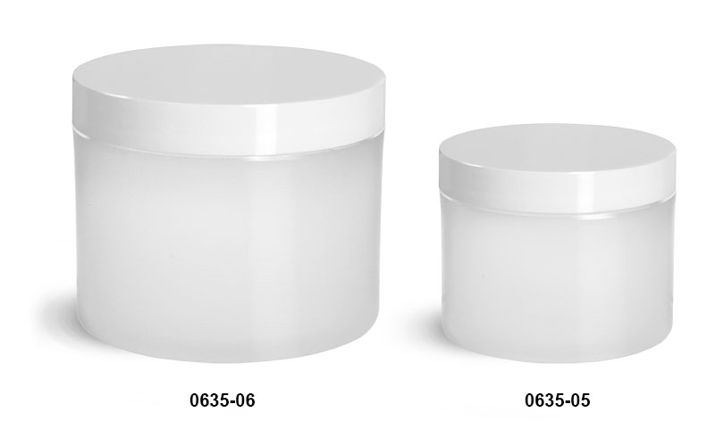 Plastic Jars, Frosted Natural Thick Wall Polypropylene Jars w/ White Smooth Plastic Lined Caps