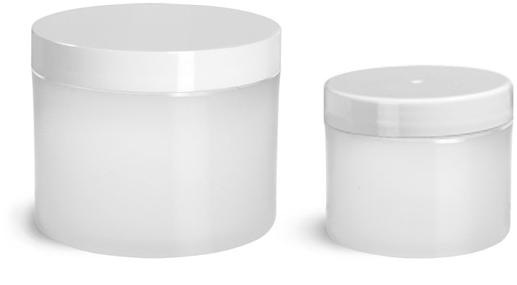 2 oz  Frosted Natural Thick Wall Polypropylene Jars w/ White Smooth Plastic Lined Caps  