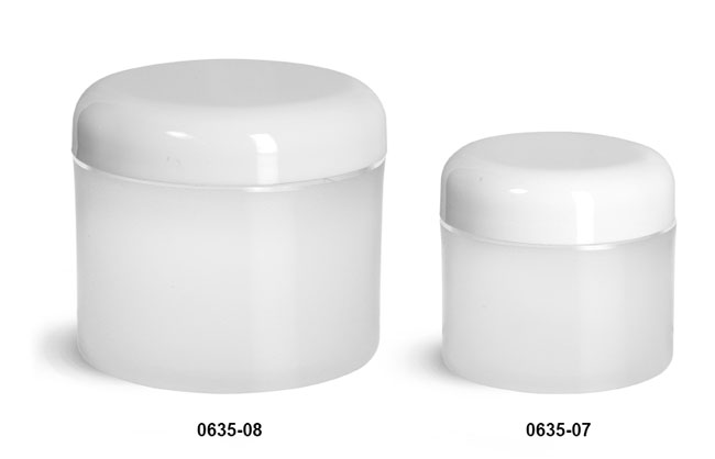 Plastic Jars, Frosted Natural Thick Wall Polypropylene Jars w/ White Lined Dome Caps