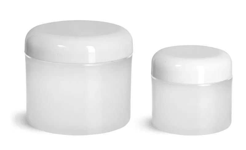 Polypropylene Plastic Jars, Frosted Thick Wall Jars w/ White Lined Dome Caps