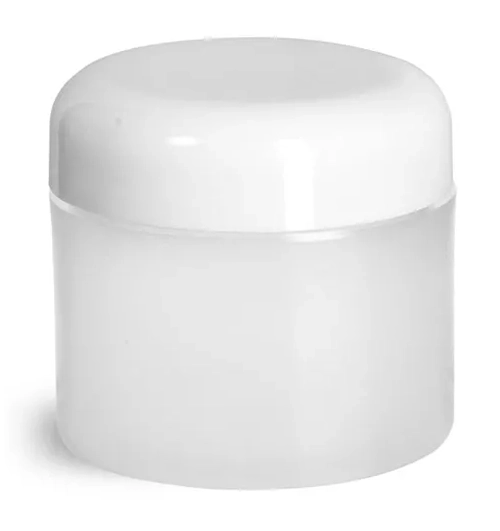 2 oz Plastic Jars, Frosted Natural Thick Wall Polypropylene Jars w/ White Lined Dome Caps
