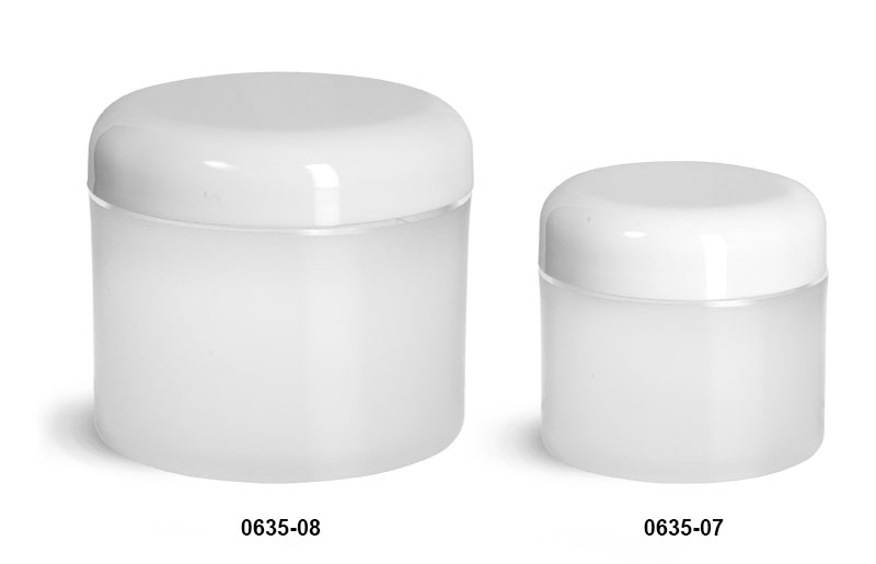 Plastic Jars, Frosted Natural Thick Wall Polypropylene Jars w/ White Lined Dome Caps