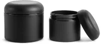 Polypropylene (PIR) Plastic Jars, Frosted Black Straight Sided Jars w/ Black Dome Caps