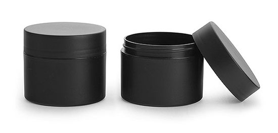 Plastic Jars, 8 oz Frosted Black Polypropylene (PIR) Straight Sided Jars w/ Black Deep Skirted Unlined Caps