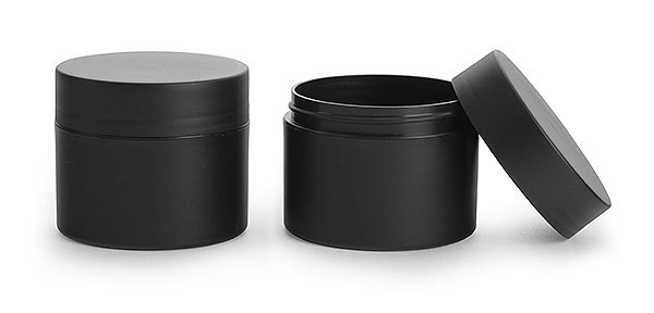 Plastic Jars, 8 oz Frosted Black Polypropylene (PIR) Straight Sided Jars w/ Black Deep Skirted Unlined Caps