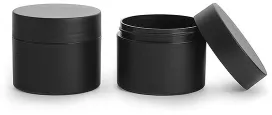 Polypropylene (PIR) Plastic Jars, Frosted Black Straight Sided Jars w/ Black Deep Skirted Caps