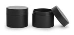 Polypropylene (PIR) Plastic Jars, Frosted Black Straight Sided Jars w/ Black Deep Skirted Caps
