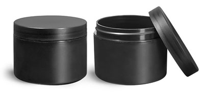 Plastic Jars, Frosted Black Polypropylene (PIR) Straight Sided Jars w/ Black Lined Caps