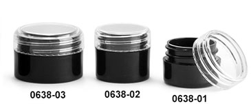 Plastic Jars, Black Polypropylene Straight Sided Thick Wall Jars w/ Clear Caps