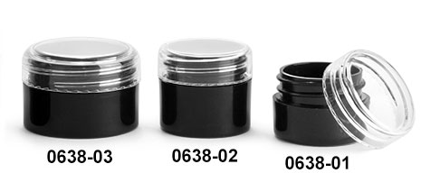 Plastic Jars, Black Polypropylene Straight Sided Thick Wall Jars w/ Clear Caps