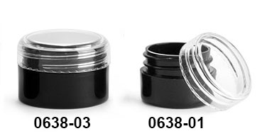 Plastic Jars, Black Polypropylene Straight Sided Thick Wall Jars w/ Clear Caps