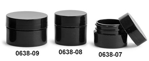 Plastic Jars, Black Polypropylene Straight Sided Thick Wall Jars w/ Black Smooth Lined Caps