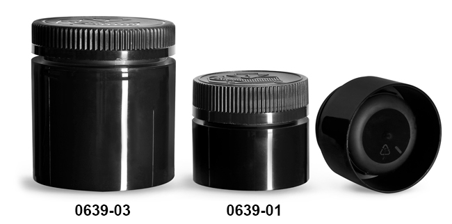 Plastic Jars, Black Polypropylene Open Bottom Jars w/ Black Child Resistant Caps