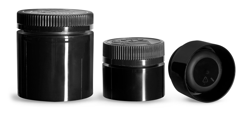Polypropylene Plastic Jars, Black Open Bottom Jars w/ Black Child Resistant Caps