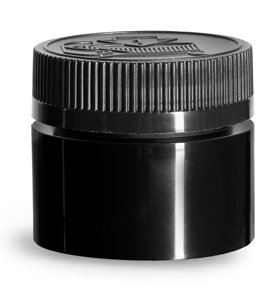 1.5 oz Black Polypropylene Open Bottom Jars w/ Black PE Lined Child Resistant Caps