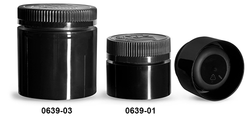 Plastic Jars, Black Polypropylene Open Bottom Jars w/ Black Child Resistant Caps