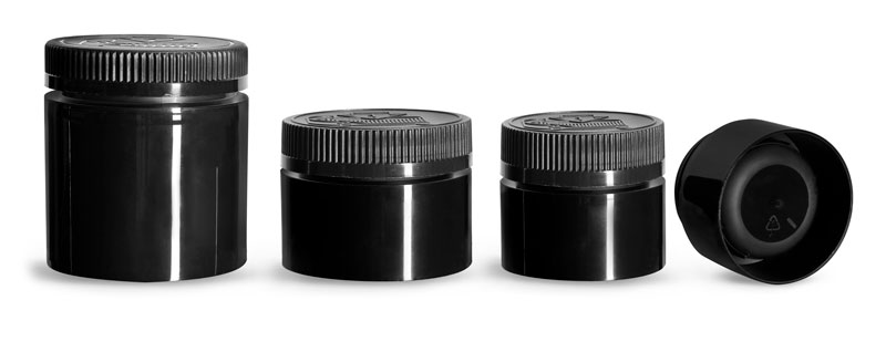 3 oz  Plastic Jars, Black Polypropylene Open Bottom Jars w/ Black Child Resistant Caps
