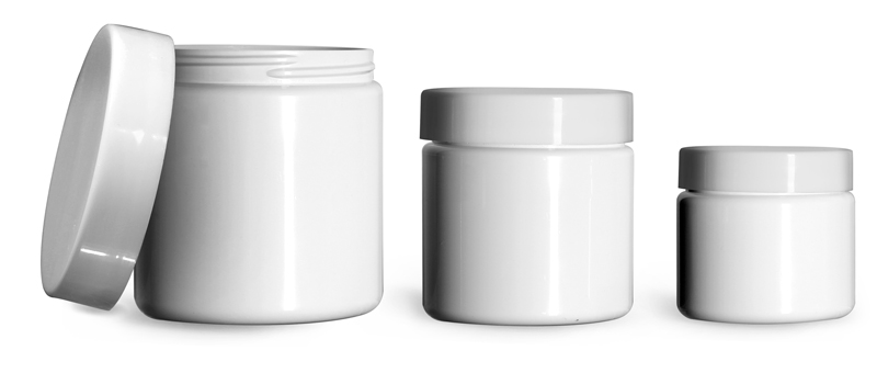 PET (PCR) Plastic Jars, White Straight Sided Jars w/ Smooth White PE Lined Caps