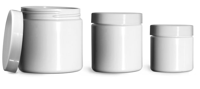 PET (PCR) Plastic Jars, White Straight Sided Jars w/ Smooth White PE Lined Caps 