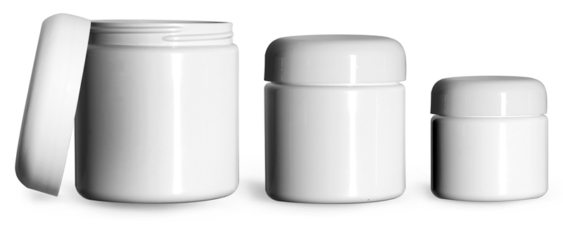 PET (PCR) Plastic Jars, White Straight Sided Jars w/ White PE Lined Dome Caps