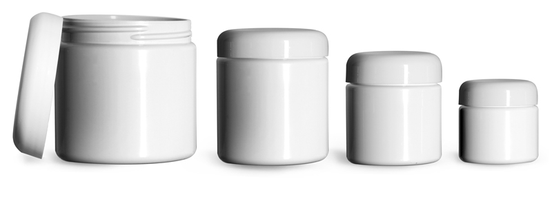 PET (PCR) Plastic Jars, White Straight Sided Jars w/ White PE Lined Dome Caps