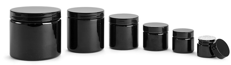 PET (PCR) Plastic Jars, Black Straight Sided Jars w/ Black PS22 Lined Caps