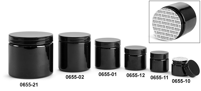 Plastic Jars, Black PET (PCR) Straight Sided Jars w/ Black PS22 Lined Caps