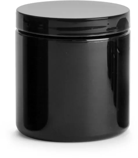 8 oz Clear PET Straight Sided Jars w/ Black Smooth Plastic Lined Caps
