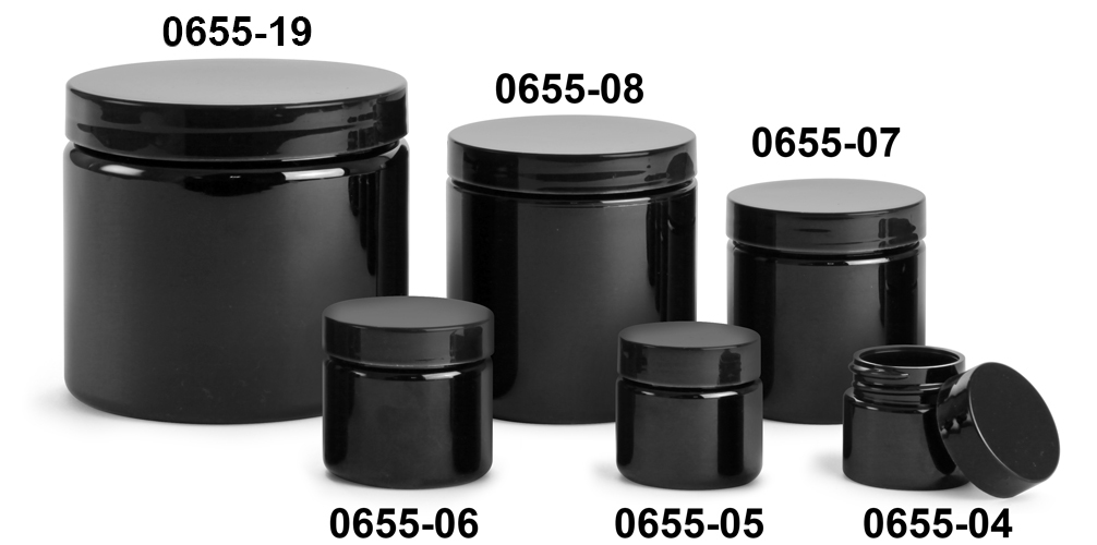 Plastic Jars, Black PET (PCR) Straight Sided Jars w/ Black Smooth PE Lined Caps