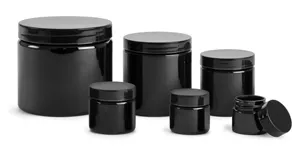 PET (PCR) Plastic Jars, Black Straight Sided Jars w/ Black Smooth PE Lined Caps