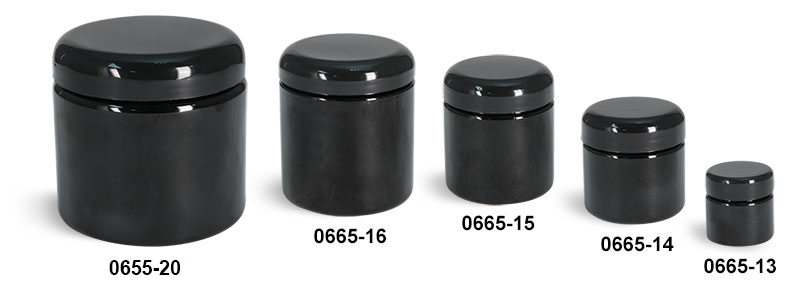Plastic Jars, Black PET (PCR) Straight Sided Jars w/ Black Lined Dome Caps