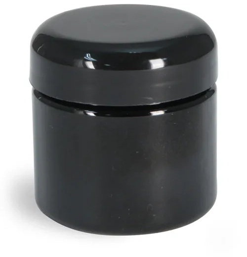 2 oz Plastic Jars, Black PET (PCR) Straight Sided Jars w/ Black Lined Dome Caps