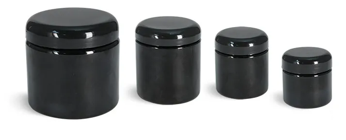 PET (PCR) Plastic Jars, Black Straight Sided Jars w/ Black Lined Dome Caps