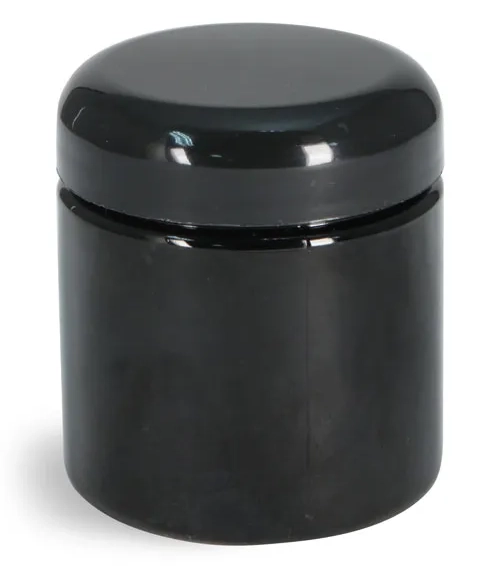 4 oz Plastic Jars, Black PET (PCR) Straight Sided Jars w/ Black Lined Dome Caps
