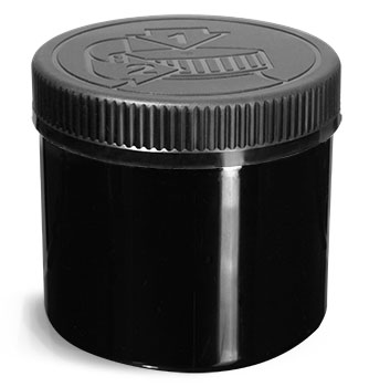 PET (PCR) Plastic Jars, Black Straight Sided Jars w/ Black PE (F217) Lined Child Resistant Caps
