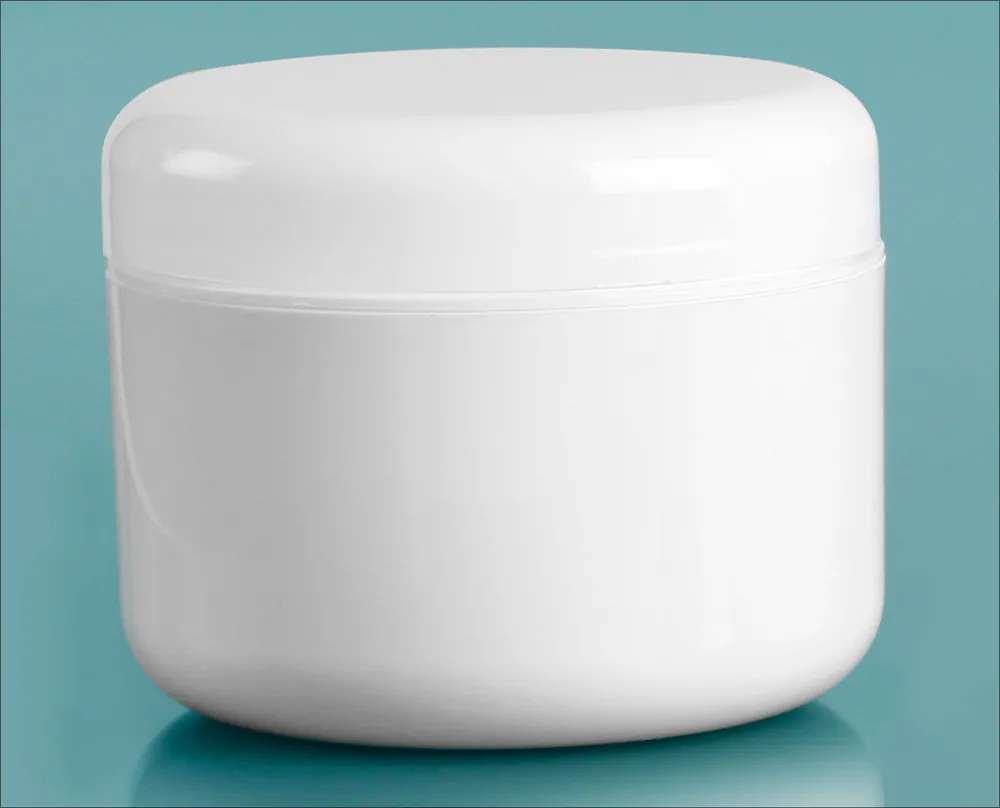 8 oz White Polypropylene Double Wall Radius Jars w/ White Lined Dome Caps