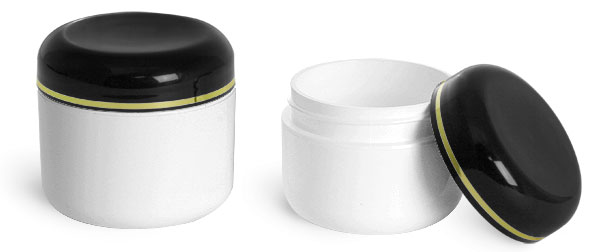 White Polypropylene Double Wall Radius Jars w/ Lined Black Dome Caps with Gold Band