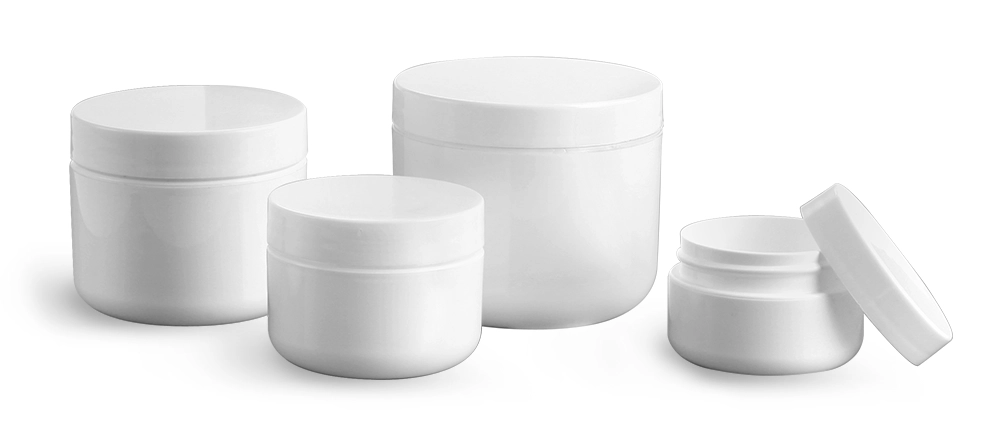 Polypropylene Plastic Jars, White Double Wall Radius Jars w/ White Polypro Smooth PE Lined Caps