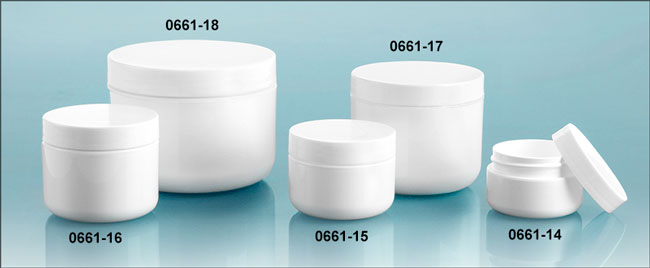 Plastic Jars, White Polypropylene Double Wall Radius Jars w/ Smooth White Lined Caps