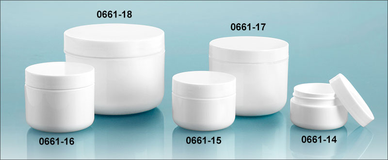 Plastic Jars, White Polypropylene Double Wall Radius Jars w/ Smooth White Lined Caps